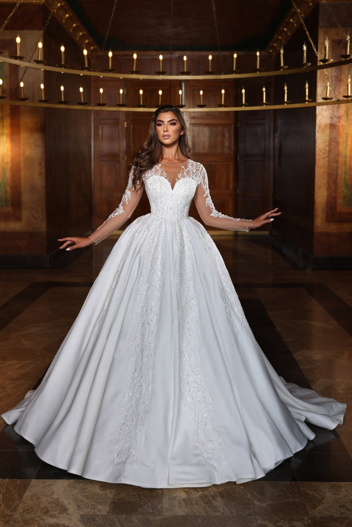 Elegant Satin A-Line Wedding Dress with Lace Sleeves - Plus Size - WonderlandByLilian