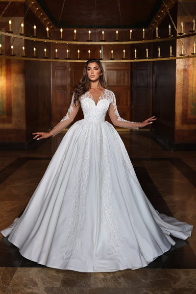 Elegant Satin A-Line Wedding Dress with Lace Sleeves - Plus Size - WonderlandByLilian