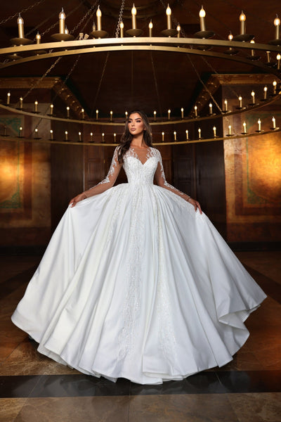 Elegant Satin A-Line Wedding Dress with Lace Sleeves - Plus Size - WonderlandByLilian