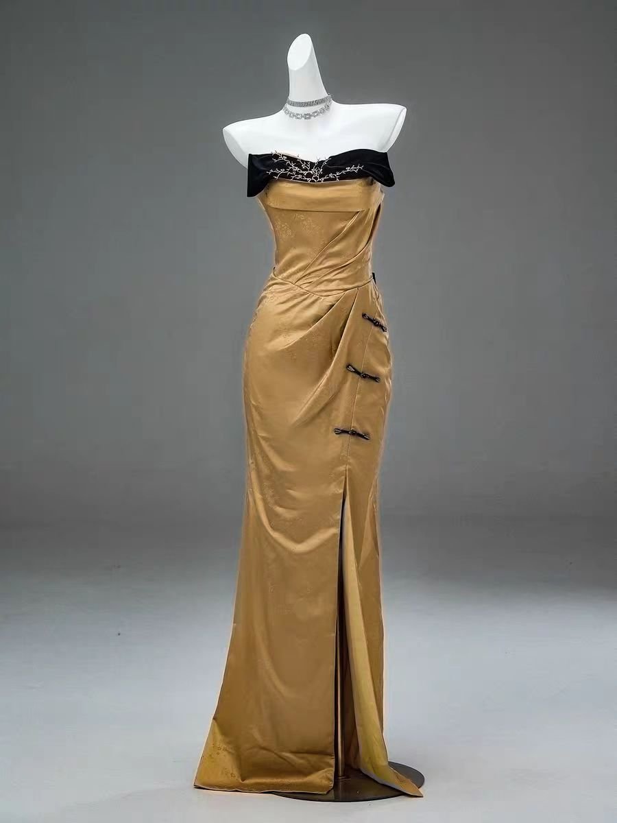 Golden Yellow Off-Shoulder Satin Evening Gown with Black Detail