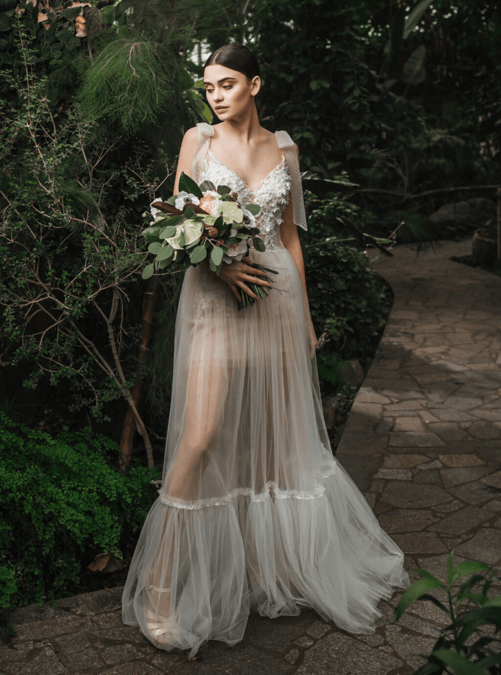 Elegant Sheer Bridal Gown - Floral Applique Dress with Bow Straps Plus Size - CONSTANCE - WonderlandByLilian