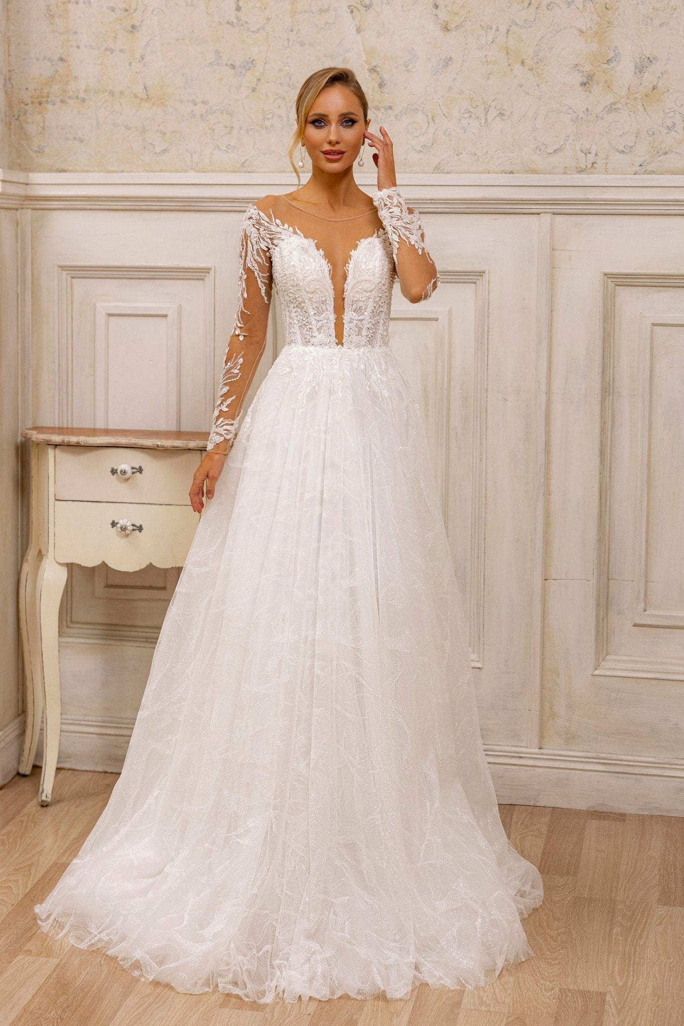 Elegant Sheer-Sleeved Lace A-Line Wedding Dress | V-Neck Bridal Gown with Full Skirt - WonderlandByLilian
