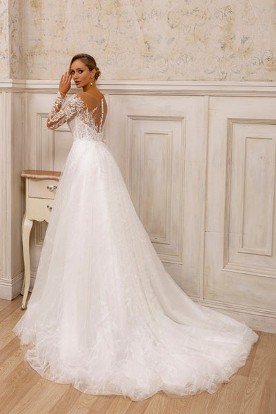 Elegant Sheer-Sleeved Lace A-Line Wedding Dress | V-Neck Bridal Gown with Full Skirt - WonderlandByLilian