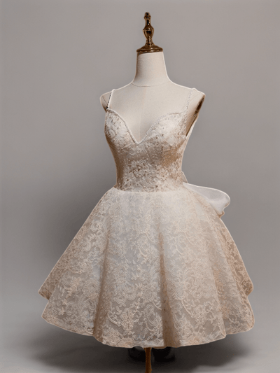 Elegant Short Wedding Party Dress with Lace - Bow-Back Corset Bridal Dress with V-Neck Plus Size - WonderlandByLilian
