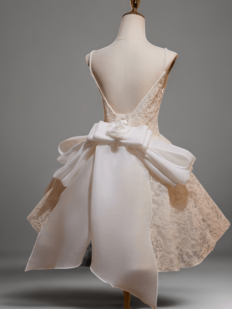 Elegant Short Wedding Party Dress with Lace - Bow-Back Corset Bridal Dress with V-Neck Plus Size - WonderlandByLilian