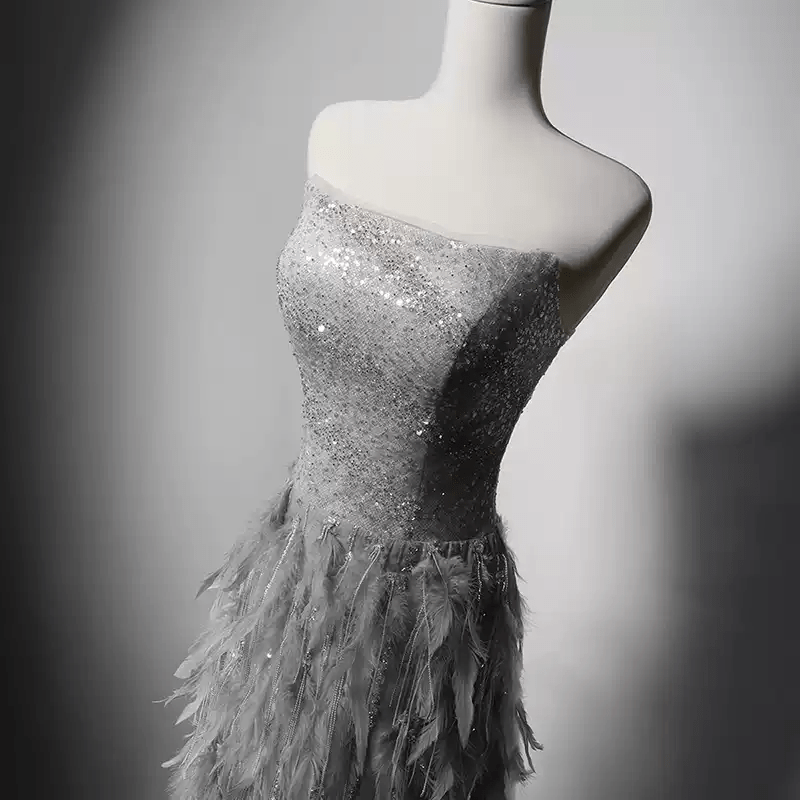 Elegant Silver Gray Sequin and Feather Dress with Corset Back - Strapl WonderlandByLilian Elegant Silver Gray Sequin and Feather Dress with Corset Back - Strapl WonderlandByLilian