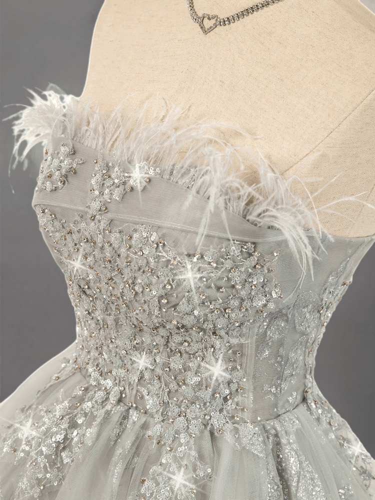 Elegant Silver Grey Short Wedding Party Dress with Floral - Feathered Off-Shoulder Corset Bridal Gown Plus Size - WonderlandByLilian