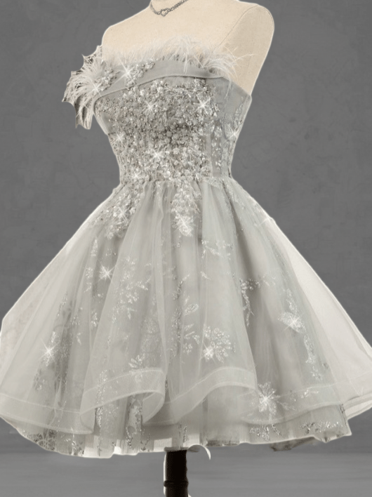 Elegant Silver Grey Short Wedding Party Dress with Floral - Feathered Off-Shoulder Corset Bridal Gown Plus Size - WonderlandByLilian