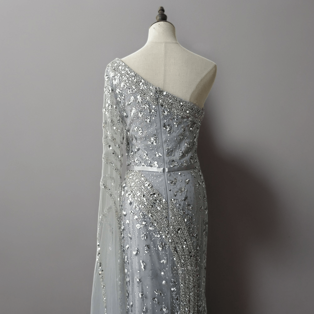 Elegant Silver One-Shoulder Sequin Evening Gown - Pretty Sequin Dress with Sheer Sleeve Plus Size - WonderlandByLilian