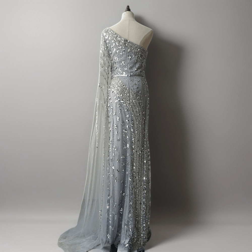 Elegant Silver One-Shoulder Sequin Evening Gown - Pretty Sequin Dress with Sheer Sleeve Plus Size - WonderlandByLilian