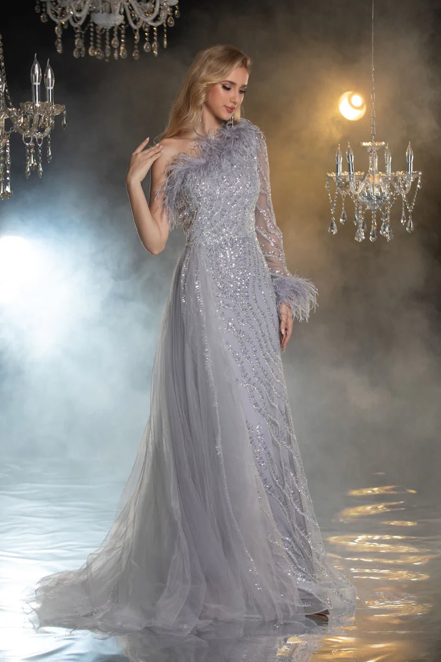 sequin dress with feathers Elegant Silver Sequin Evening Gown with Feather Accents