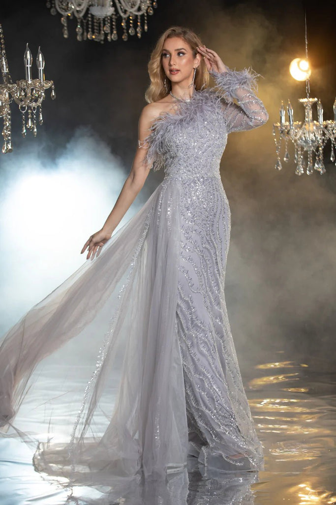 Elegant Silver Sequin Evening Gown with Feather Accents - Sequin and Feather Dress and Designer Sequin Gown with One-Shoulder Plus Size US 6 / Silver Elegant Silver Sequin Evening Gown with Feather Accents - Sequin and Feather Dress and Designer Sequin Gown with One-Shoulder Plus Size US 6 / Silver