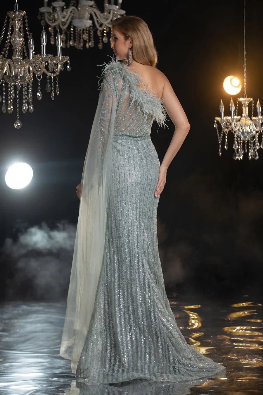 silver sequin dress with feathers Silver Sequin Gown with Feather Slit