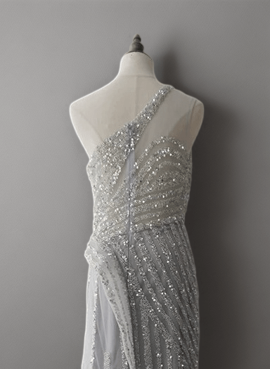 Elegant Silver Sequin One-Shoulder Evening Gown and Silver Glitter Dress - Pretty Sequin Dress with Asymmetrical Design Plus Size - WonderlandByLilian