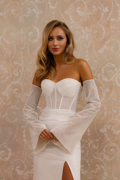 Elegant Sweetheart Bridal Gown with Sparkle and Sheer Sleeve Detail - WonderlandByLilian