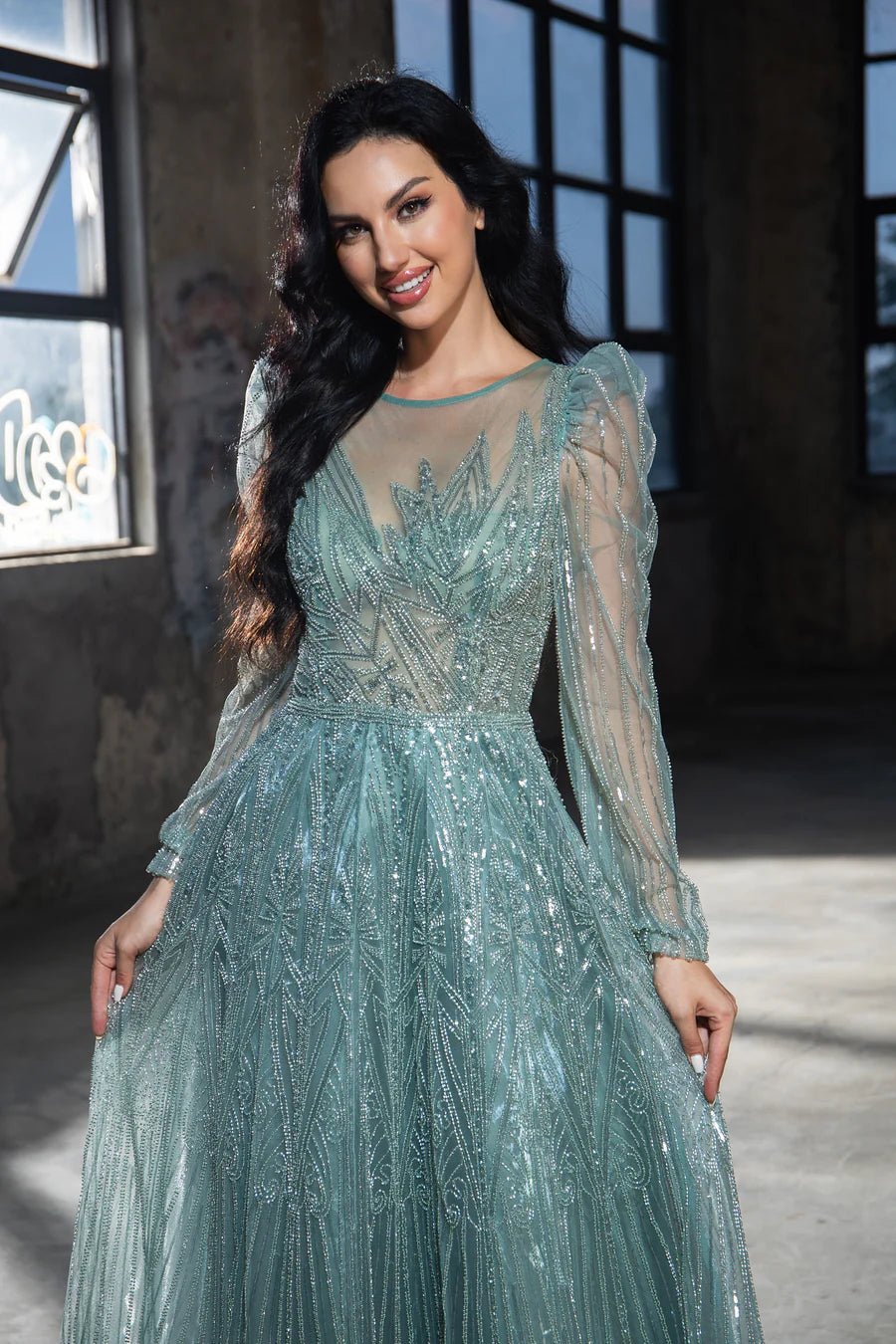 Elegant Teal Sequin Evening Gown with Sheer Long Sleeves - Designer Sequin Dress and Pretty Sequin Dress Plus Size - WonderlandByLilian