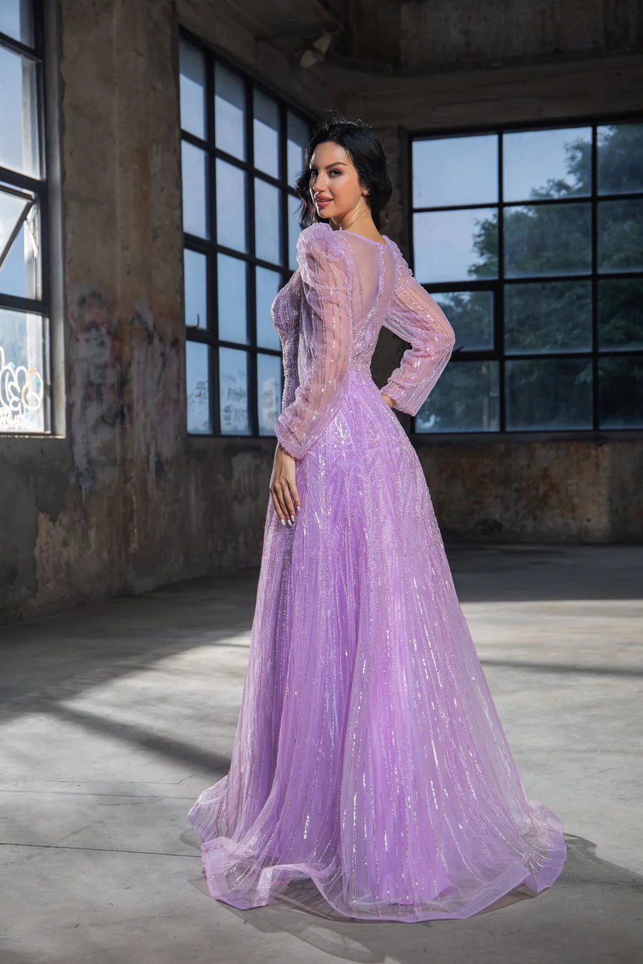 Elegant Teal Blue Sequin Evening Gown with Sheer Long Sleeves