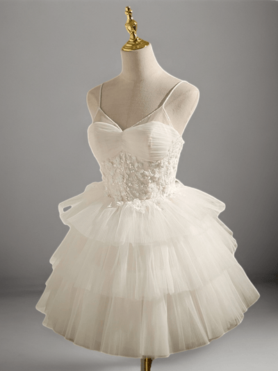Elegant Tiered Tulle Short Wedding Party Dress - Floral Embellished Corset Bridal Gown Plus Size - WonderlandByLilian