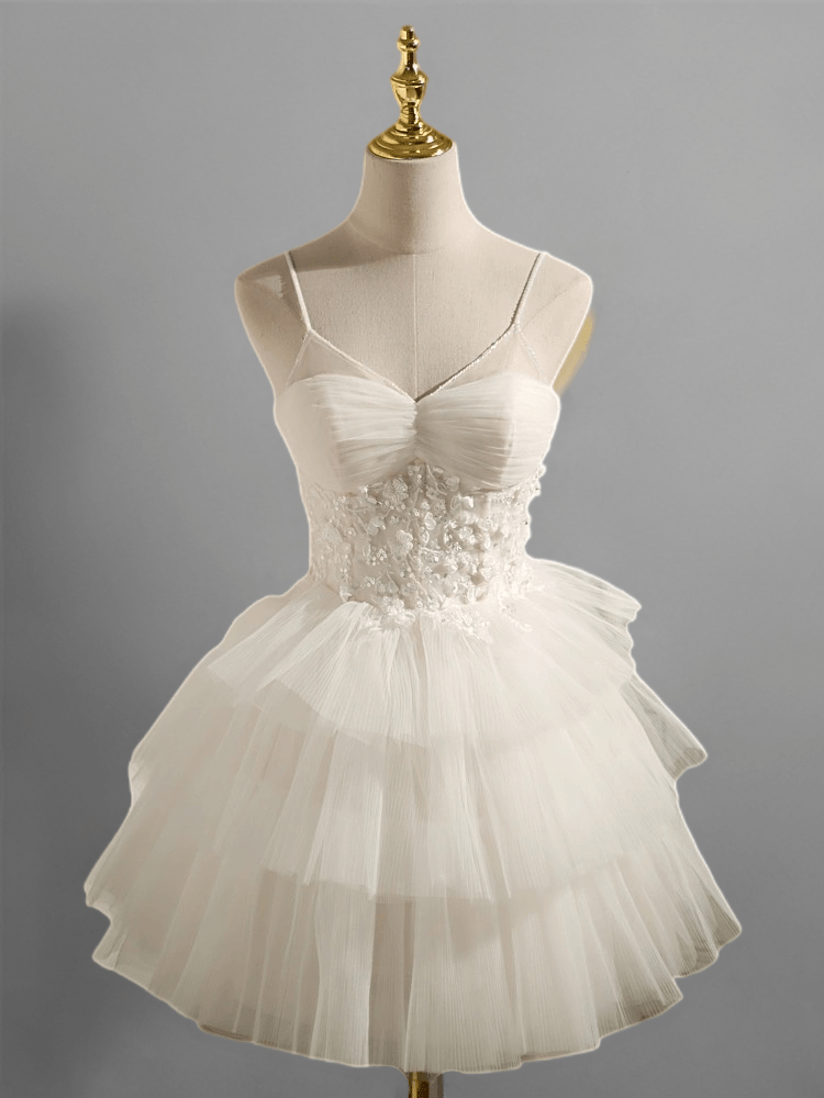 Elegant Tiered Tulle Short Wedding Party Dress - Floral Embellished Corset Bridal Gown Plus Size - WonderlandByLilian