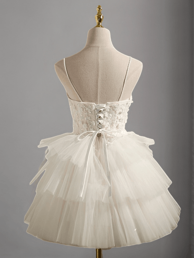 Elegant Tiered Tulle Short Wedding Party Dress - Floral Embellished Corset Bridal Gown Plus Size - WonderlandByLilian