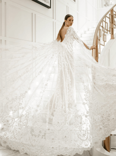 Elegant Tulle Mermaid Wedding Dress and Convertible Cape - Floral Applique Wedding Dress with Long Sleeves Plus Size - ELISSA - WonderlandByLilian