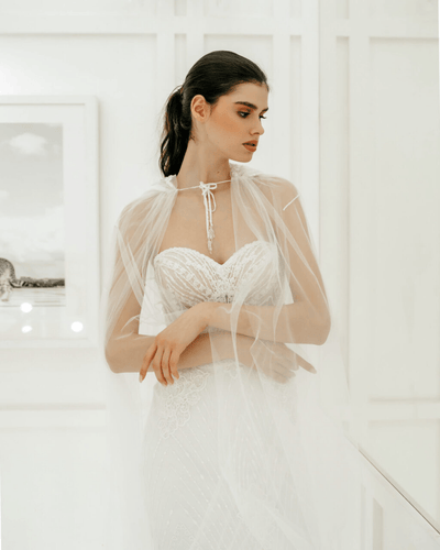 Elegant Tulle Mermaid Wedding Dress - Off Shoulder Wedding Dress with Convertible Cape Plus Size - DEMETER - WonderlandByLilian