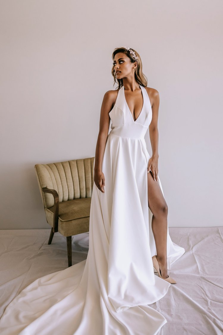 Elegant V-Neck Crepe A-Line Wedding Dress with Open Back and Slit plus size - IYANA - WonderlandByLilian