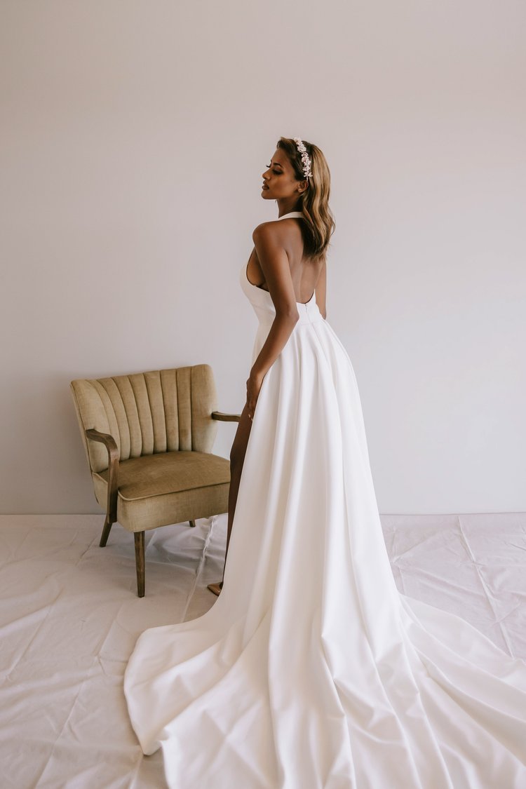 Elegant V-Neck Crepe A-Line Wedding Dress with Open Back and Slit plus size - IYANA - WonderlandByLilian