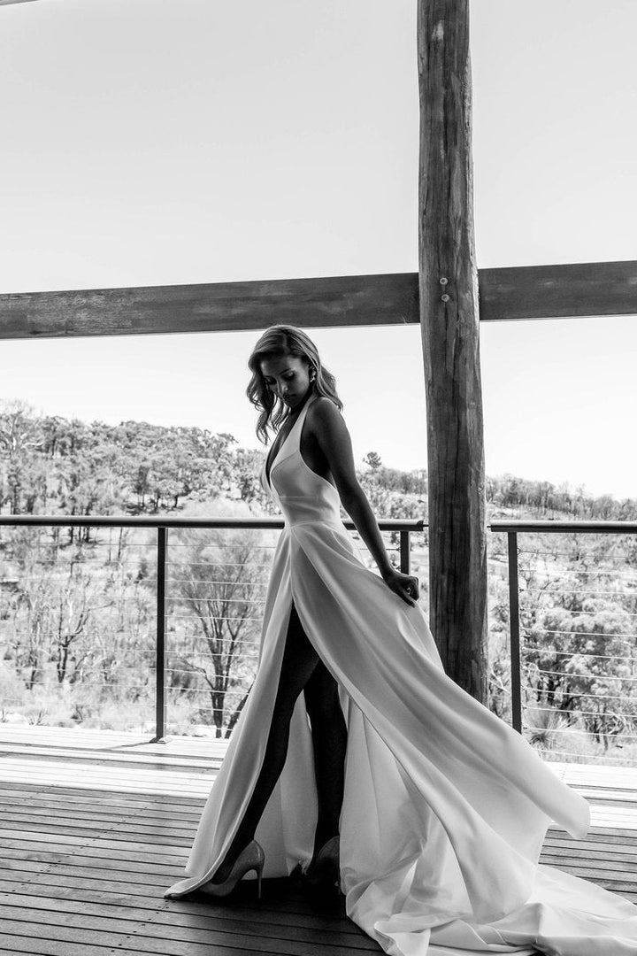 Elegant V-Neck Crepe A-Line Wedding Dress with Open Back and Slit plus size - IYANA - WonderlandByLilian