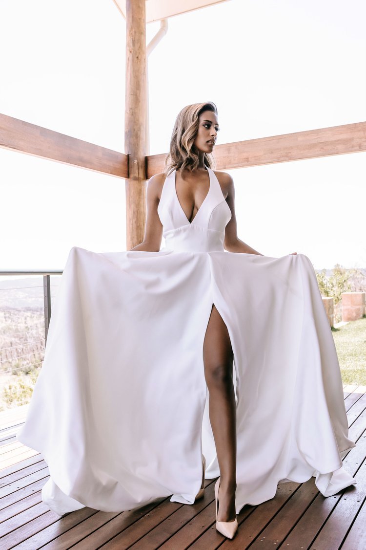 Elegant V-Neck Crepe A-Line Wedding Dress with Open Back and Slit plus size - IYANA - WonderlandByLilian