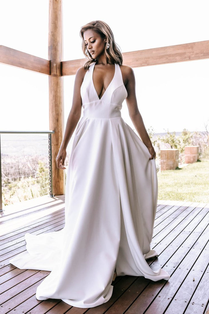 Elegant V-Neck Crepe A-Line Wedding Dress with Open Back and Slit plus size - IYANA - WonderlandByLilian