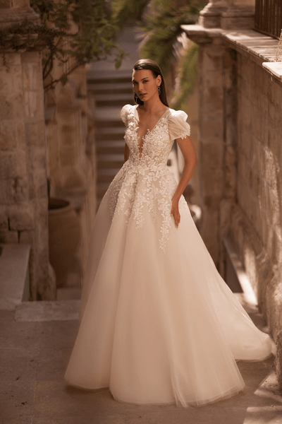 Elegant V-Neck Wedding Dress with Floral Lace - Short Sleeve Dress - A-Line Wedding Dress Plus Size - WonderlandByLilian