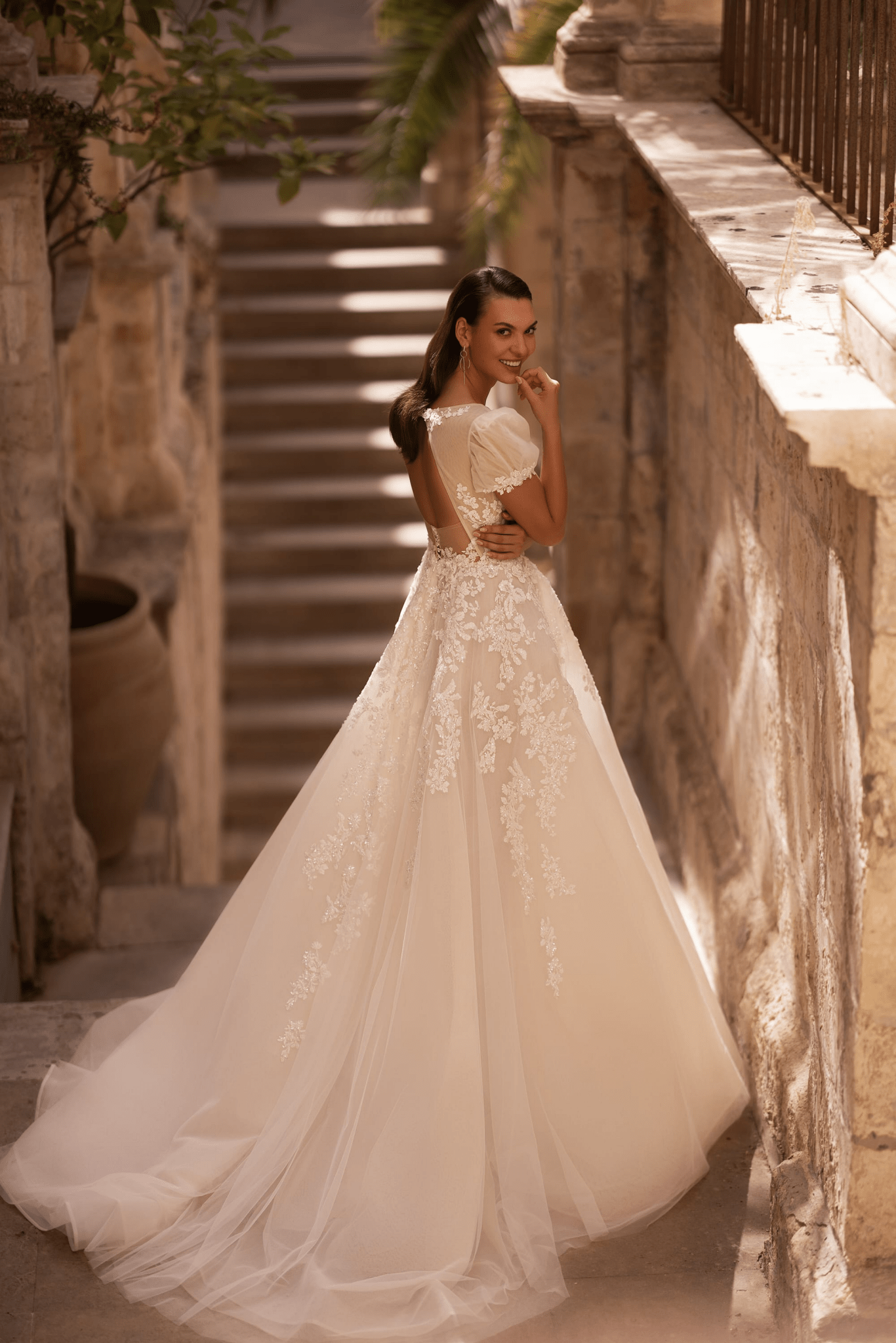 Elegant V-Neck Wedding Dress with Floral Lace - Short Sleeve Dress - A-Line Wedding Dress Plus Size - WonderlandByLilian