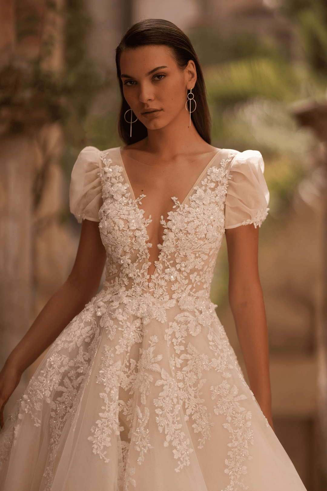 Elegant V-Neck Wedding Dress with Floral Lace - Short Sleeve Dress - A-Line Wedding Dress Plus Size - WonderlandByLilian