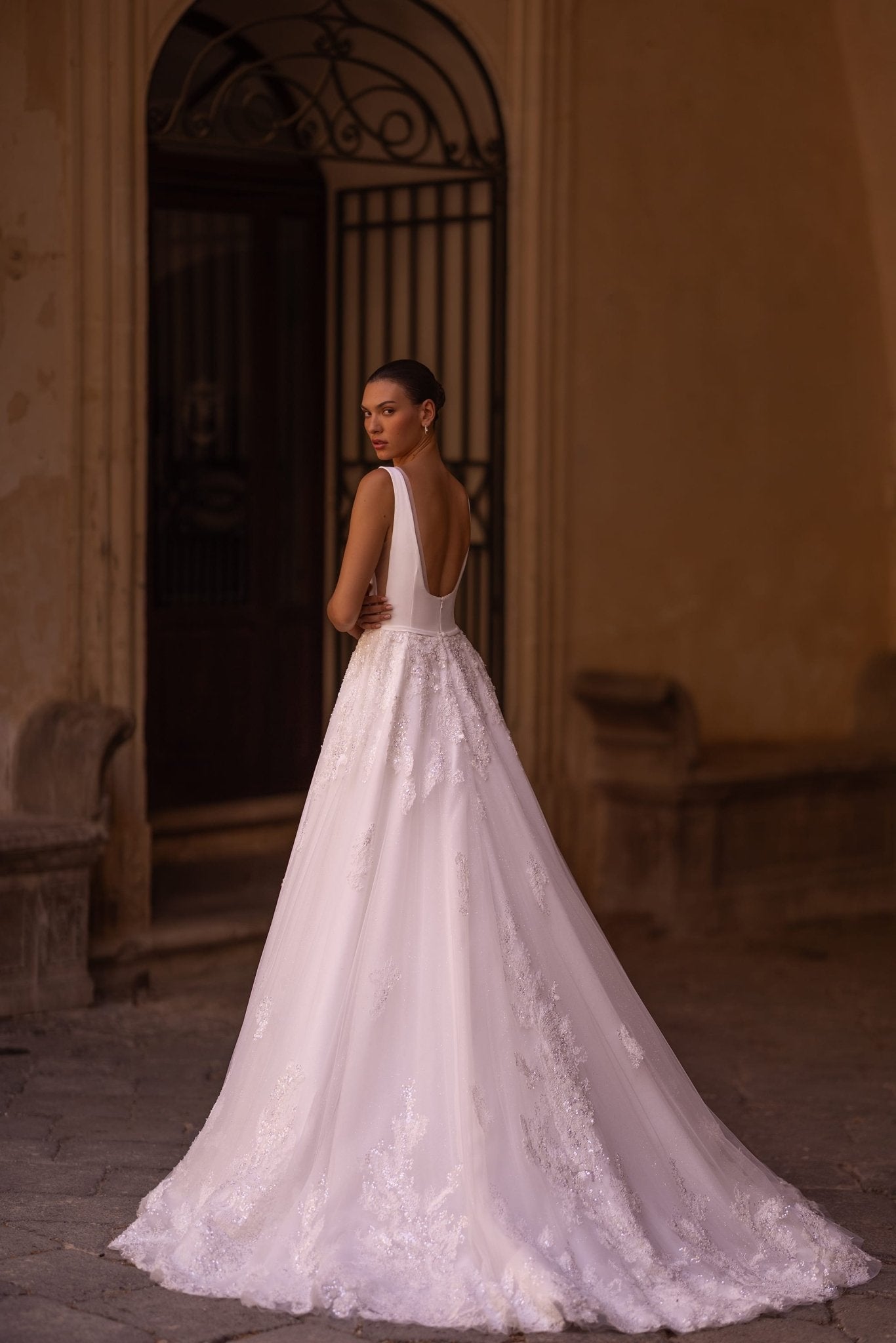 Elegant V-Neck Wedding Dress with Open Back and Glitter Accents Plus Size - WonderlandByLilian