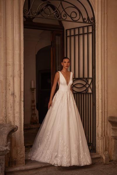 Elegant V-Neck Wedding Dress with Open Back and Glitter Accents Plus Size - WonderlandByLilian