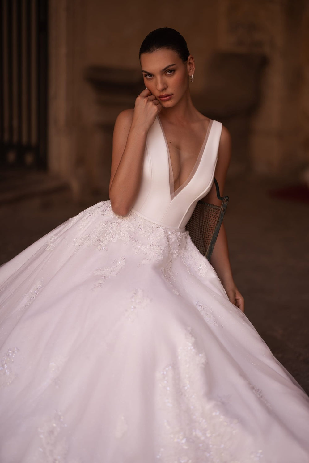 Elegant V-Neck Wedding Dress with Open Back and Glitter Accents Plus Size - WonderlandByLilian