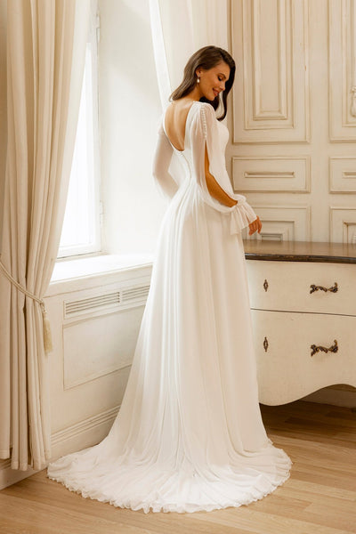 Elegant V-Neck Wedding Dress with Sheer Bishop Sleeves and Front Slit Plus Size - WonderlandByLilian