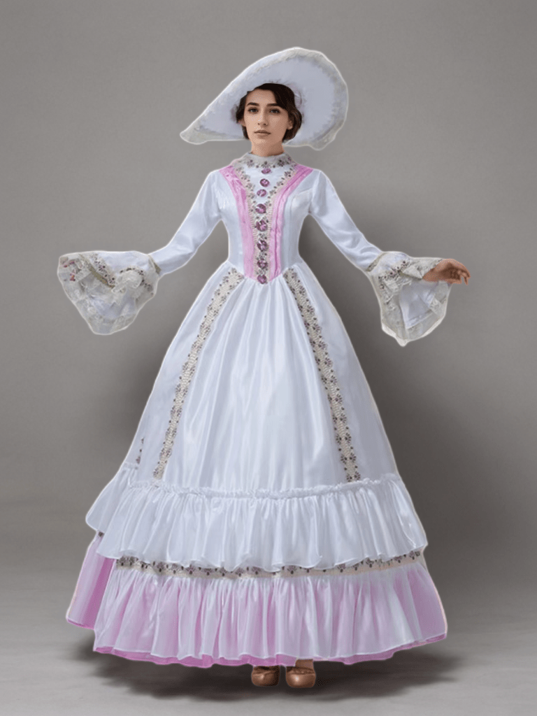Elegant White and Pink Medieval Dress – Rococo Ball Gown with Floral Embellishments and Lace Trim Plus Size - WonderlandByLilian