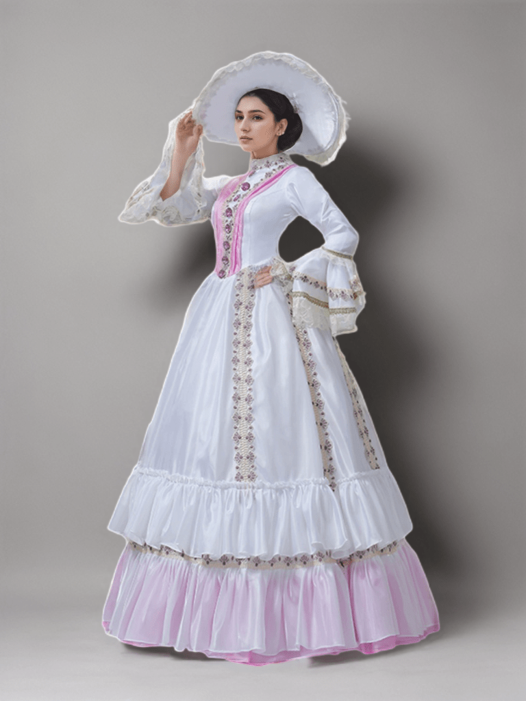 Elegant White and Pink Medieval Dress – Rococo Ball Gown with Floral Embellishments and Lace Trim Plus Size - WonderlandByLilian