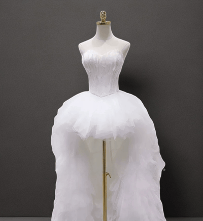 Elegant White Layered Tulle Ruffle Dress - Feather-Accented High-Low Wedding Dress Plus Size - WonderlandByLilian