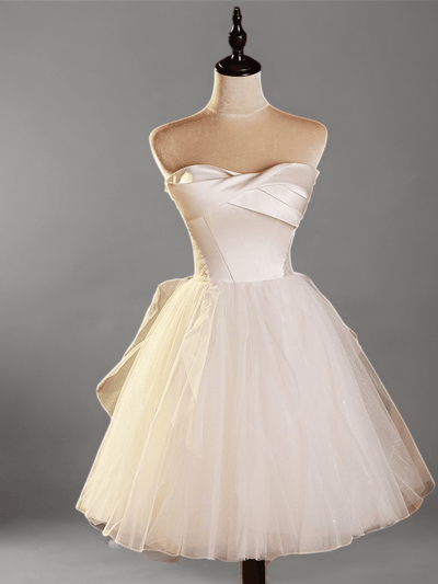 Elegant White Strapless Short Wedding Party Dress - Tulle and Satin Corset Bridal Gown Plus Size - WonderlandByLilian