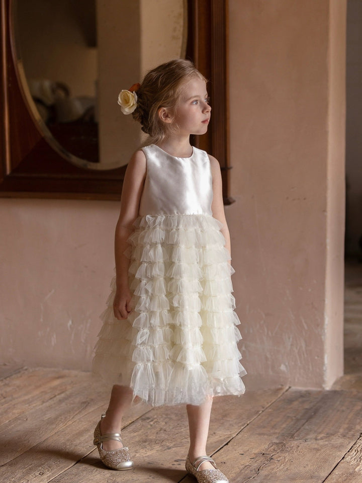 Elegant White Tulle Tiered Flower Girl Dress with Satin Bodice – Plus Size - WonderlandByLilian