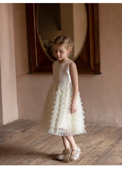 Elegant White Tulle Tiered Flower Girl Dress with Satin Bodice – Plus Size - WonderlandByLilian
