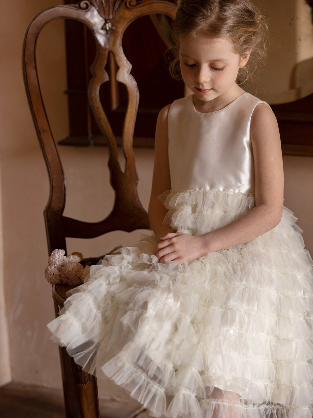 Elegant White Tulle Tiered Flower Girl Dress with Satin Bodice – Plus Size - WonderlandByLilian