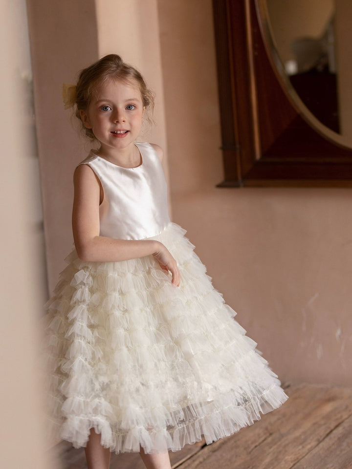 Elegant White Tulle Tiered Flower Girl Dress with Satin Bodice – Plus Size - WonderlandByLilian