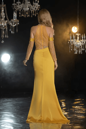Elegant Yellow High Neck Sequin Evening Gown with Off-Shoulder Sleeves and Floral Detail - Designer Sequin Gown and Glitter Dress with High Slit Plus Size - WonderlandByLilian