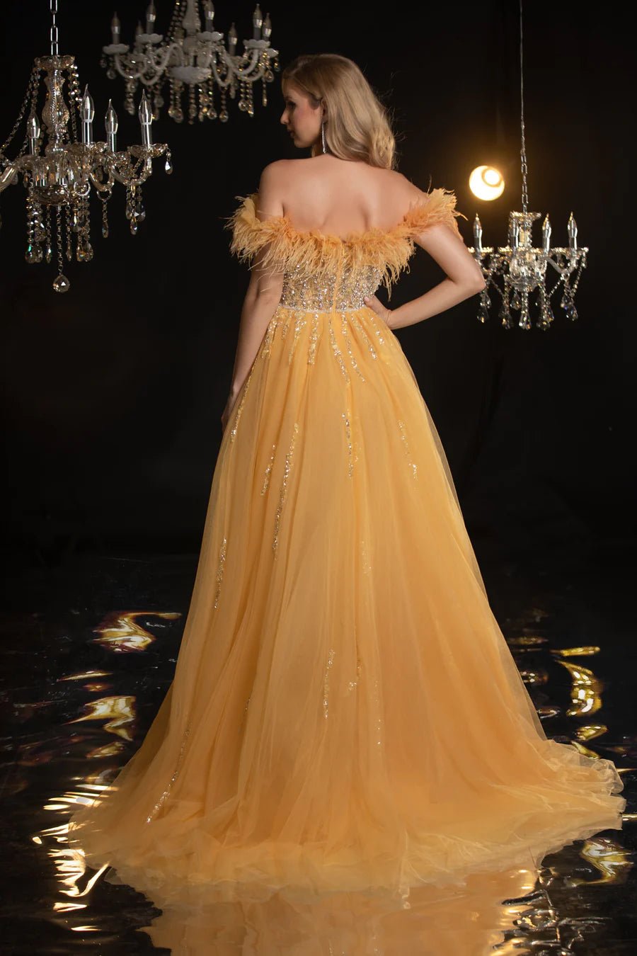 Elegant Yellow Sequin Evening Gown with Feather Off-Shoulder Design - Designer Sequin Gown and Sequin and Feather Dress Plus Size - WonderlandByLilian