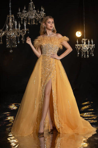 Elegant Yellow Sequin Evening Gown with Feather Off-Shoulder Design - Designer Sequin Gown and Sequin and Feather Dress Plus Size - WonderlandByLilian