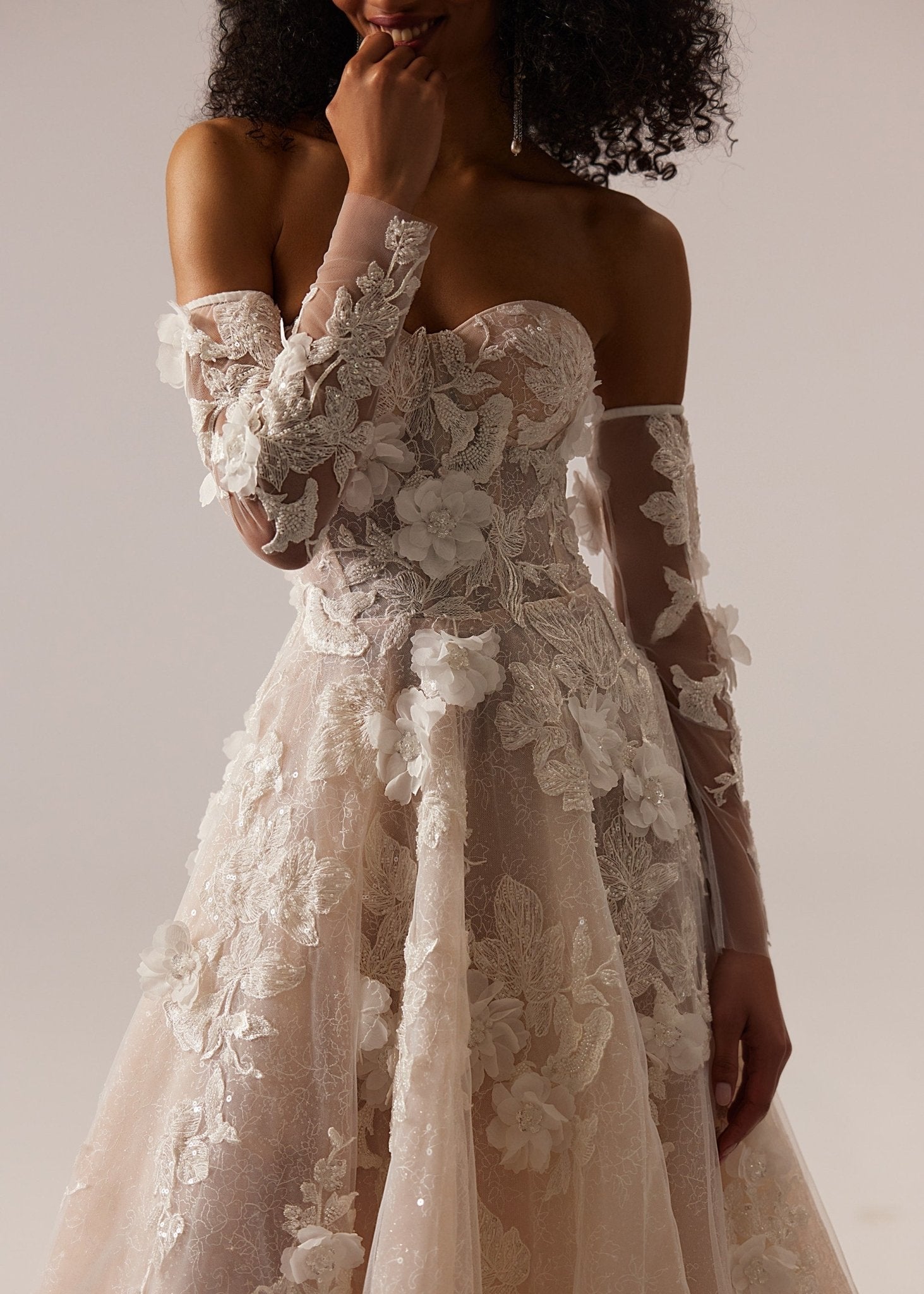 Champagne Off-Shoulder Wedding Dress with Floral Appliqué, Sheer